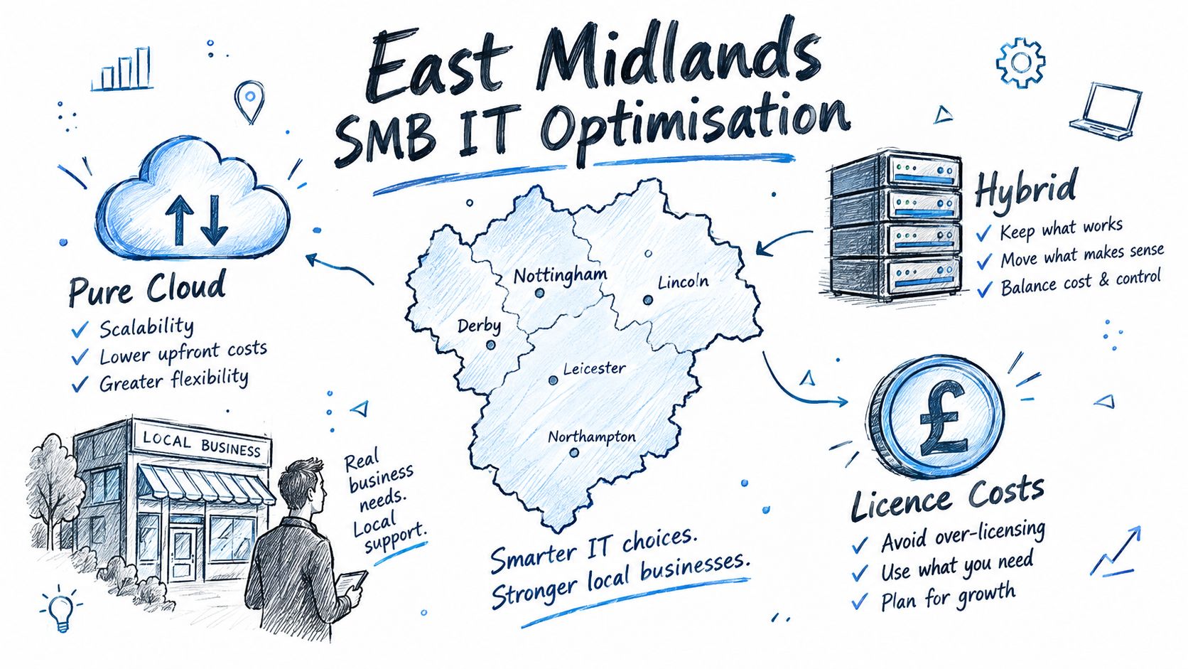 An infographic illustrating IT optimization services for small businesses in the East Midlands region of the UK.