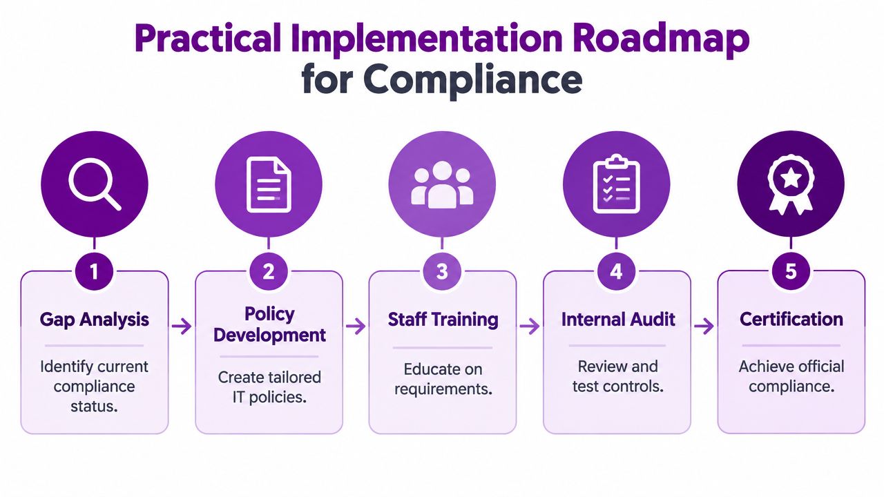A five-step roadmap for practical compliance implementation, featuring icon-led phases from gap analysis to official certification.