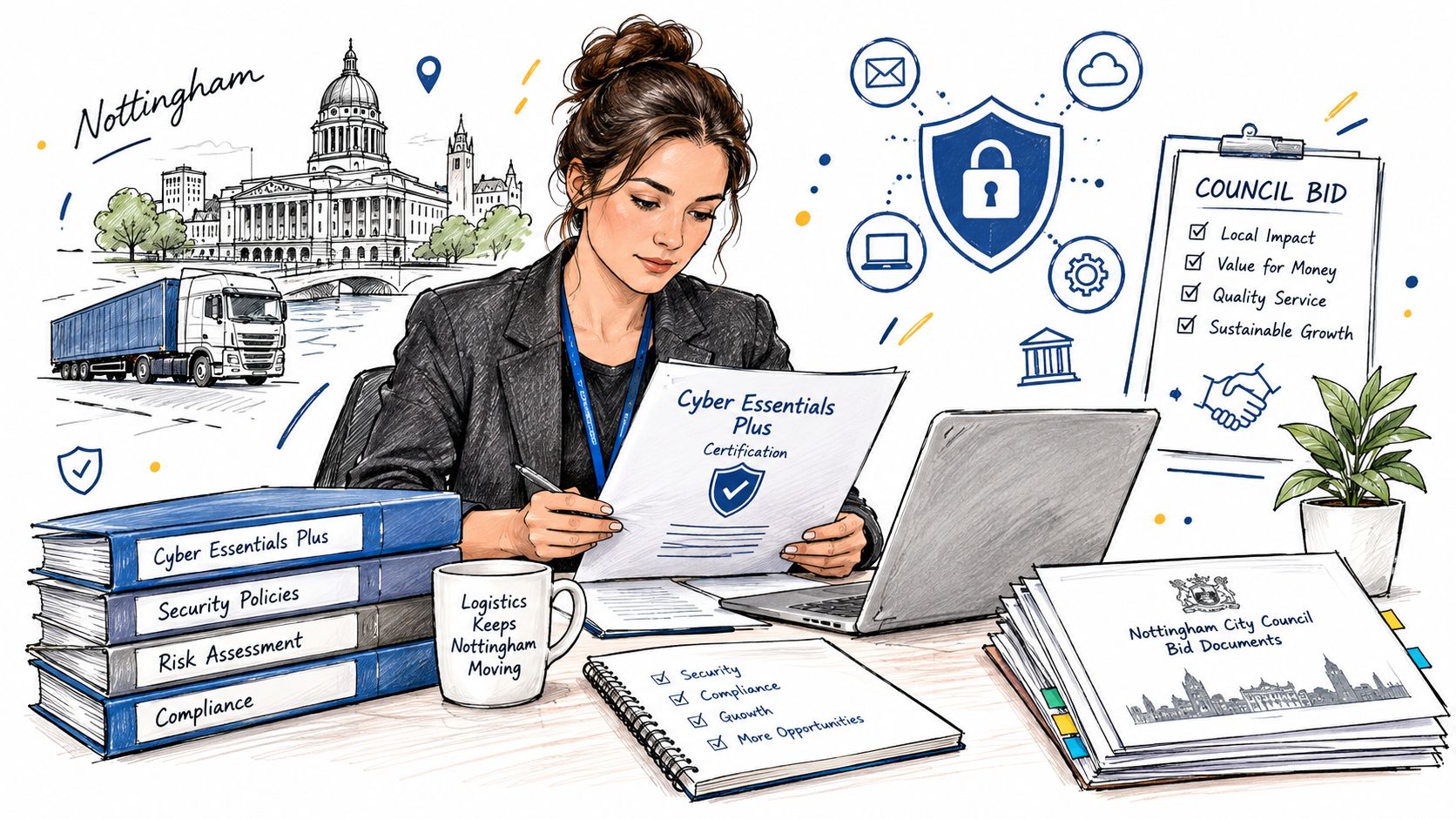 A professional woman reviewing Cyber Essentials Plus certification documents for a Nottingham City Council bid proposal.