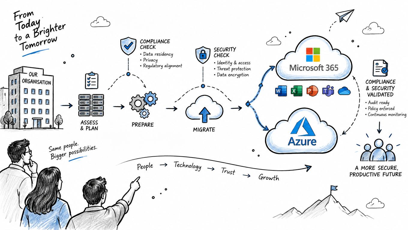 A diagram illustrating the digital transformation process from on-premises infrastructure to Microsoft 365 and Azure cloud services.