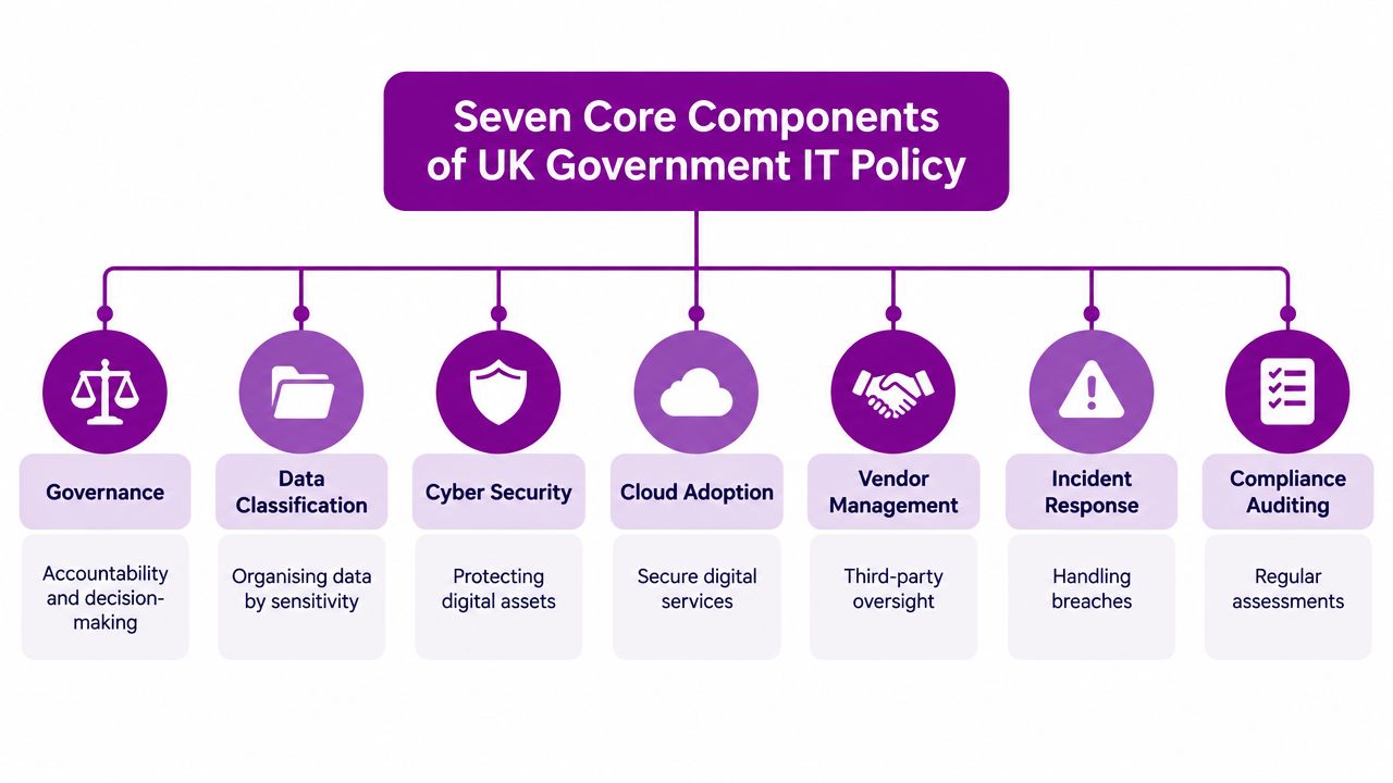 A diagram outlining the seven core components of UK government IT policy, including governance, security, and compliance.