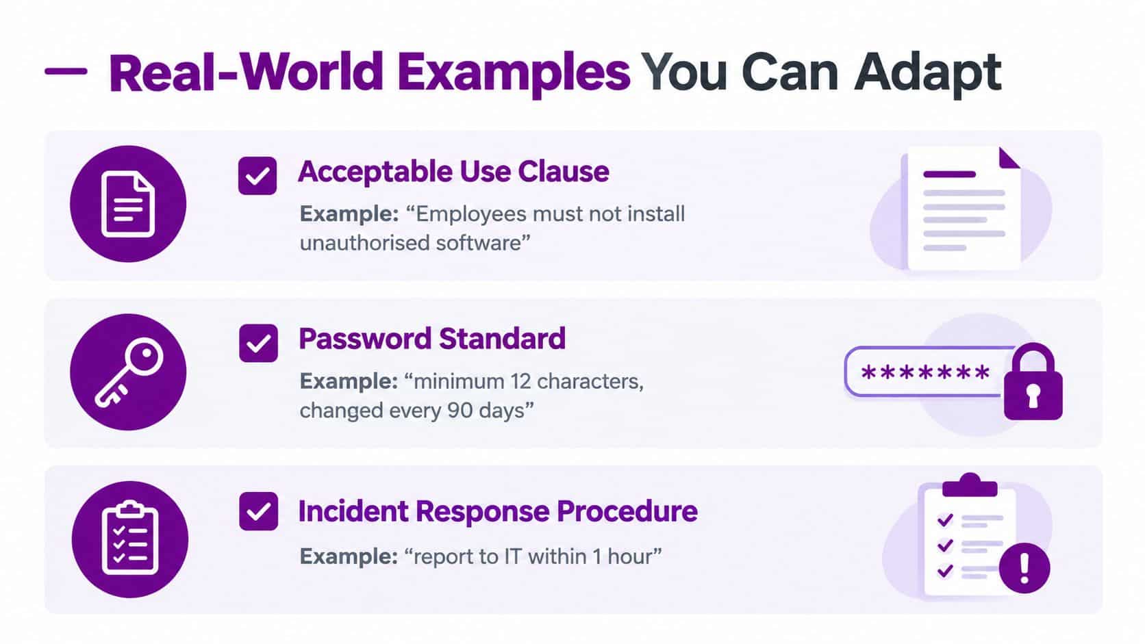 A graphic showing real-world examples of IT policies including Acceptable Use, Password Standards, and Incident Response procedures.