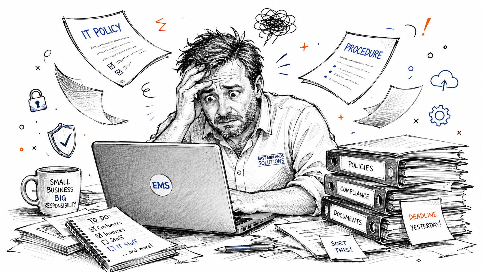 A stressed man sitting at a messy desk overwhelmed by work documents, IT policies, and tight deadlines.