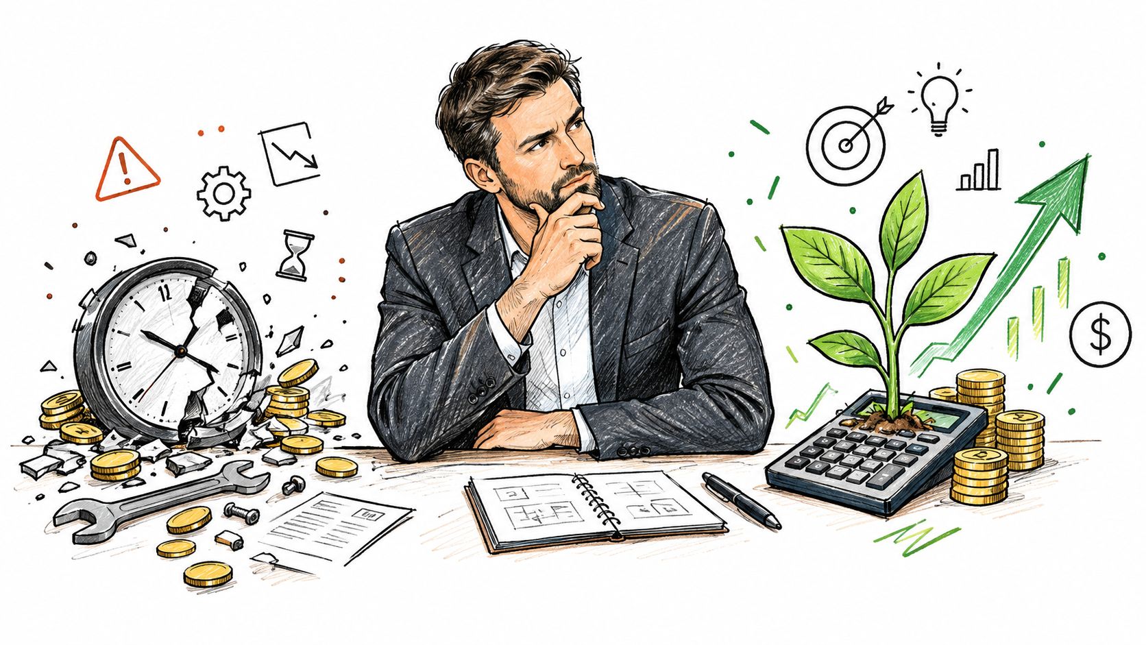 A professional man pondering business growth while contrasting a broken clock with a thriving plant on a calculator.