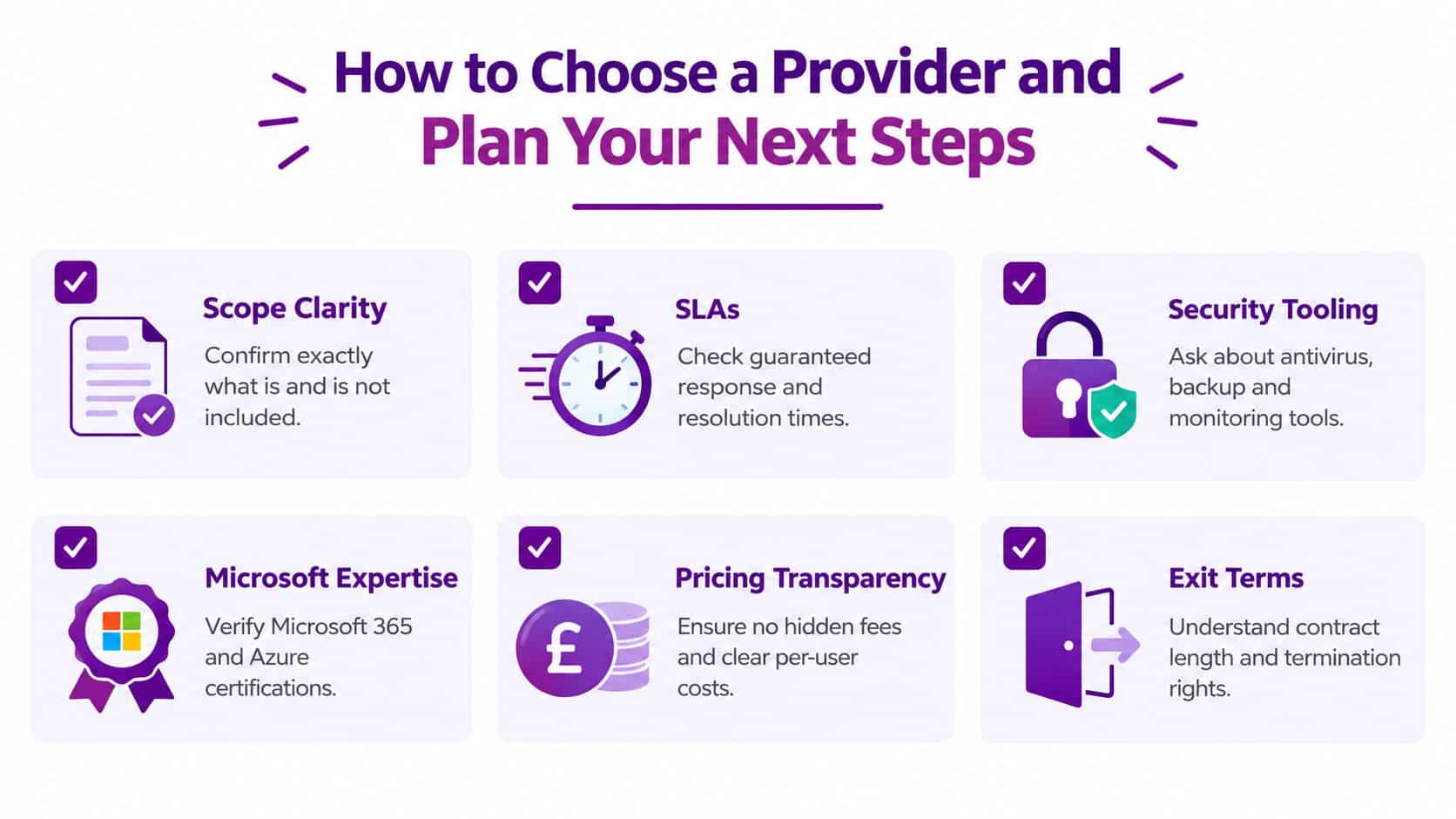 An infographic titled How to Choose a Provider and Plan Your Next Steps featuring six key considerations.