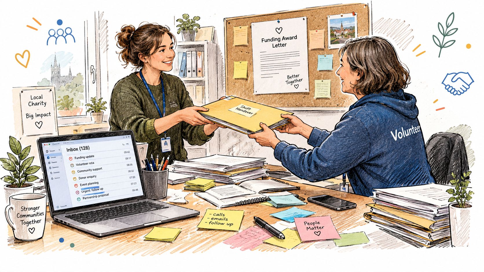 Two women collaborating in a nonprofit office setting while exchanging a shift handover folder across a desk.