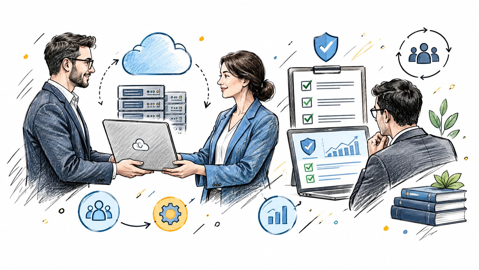Business professionals collaborating on data migration and cloud infrastructure management for a digital workspace environment.
