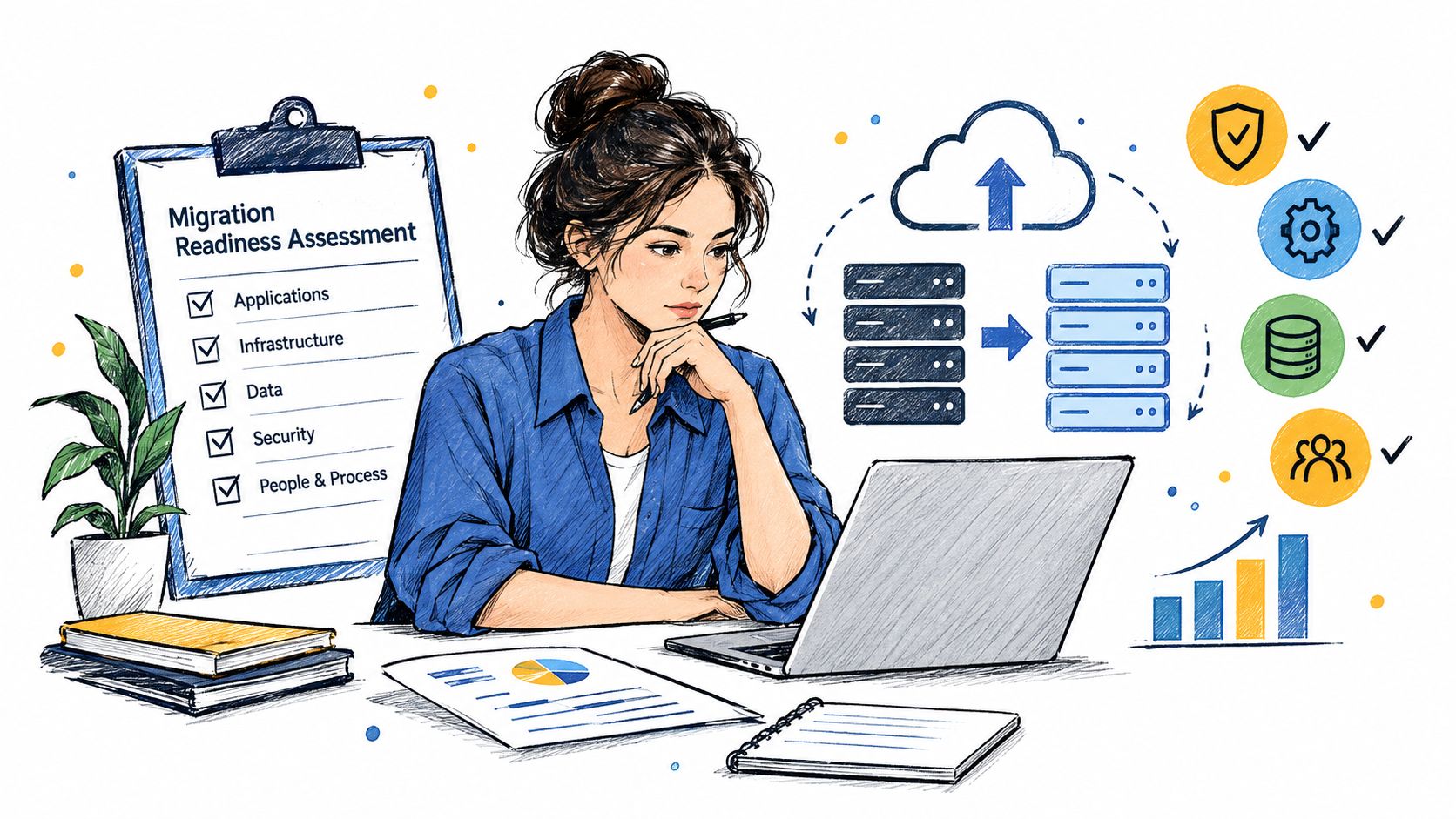 A woman working on a laptop while reviewing a cloud migration readiness assessment checklist and data charts.