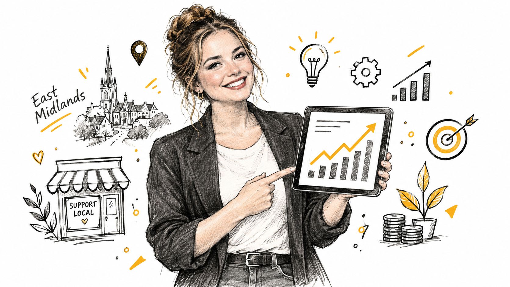 A businesswoman points to a digital tablet displaying an upward growth trend chart with business icons surrounding her.