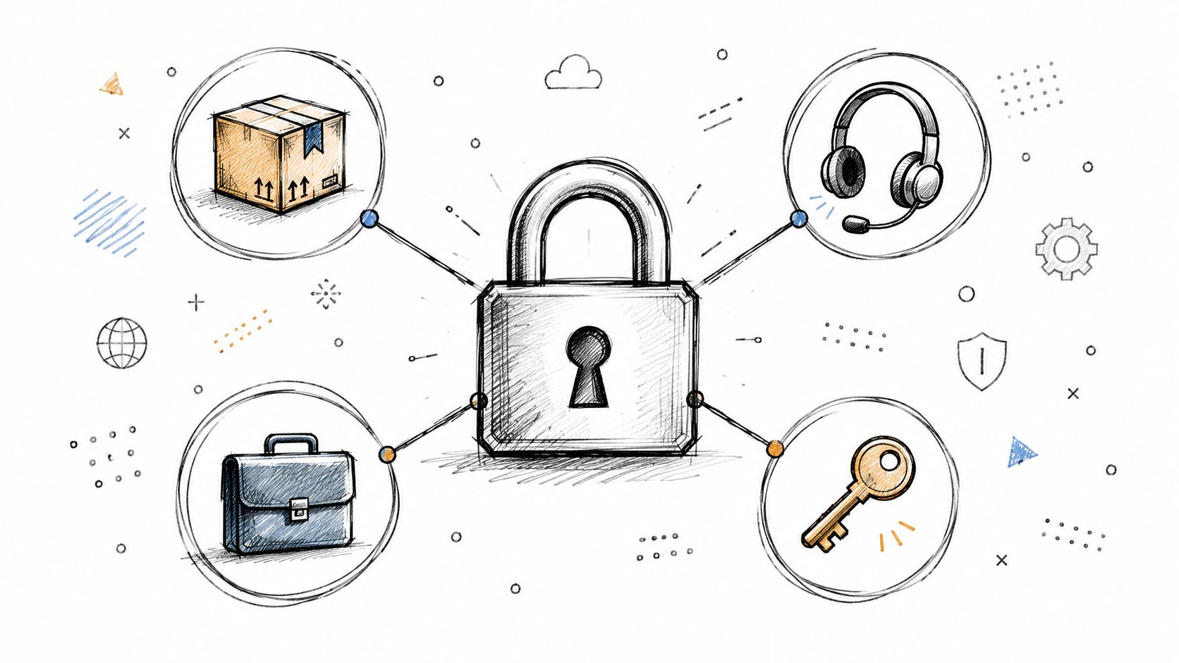 A sketched illustration of a central padlock connected to icons representing logistics, customer support, business, and security keys.