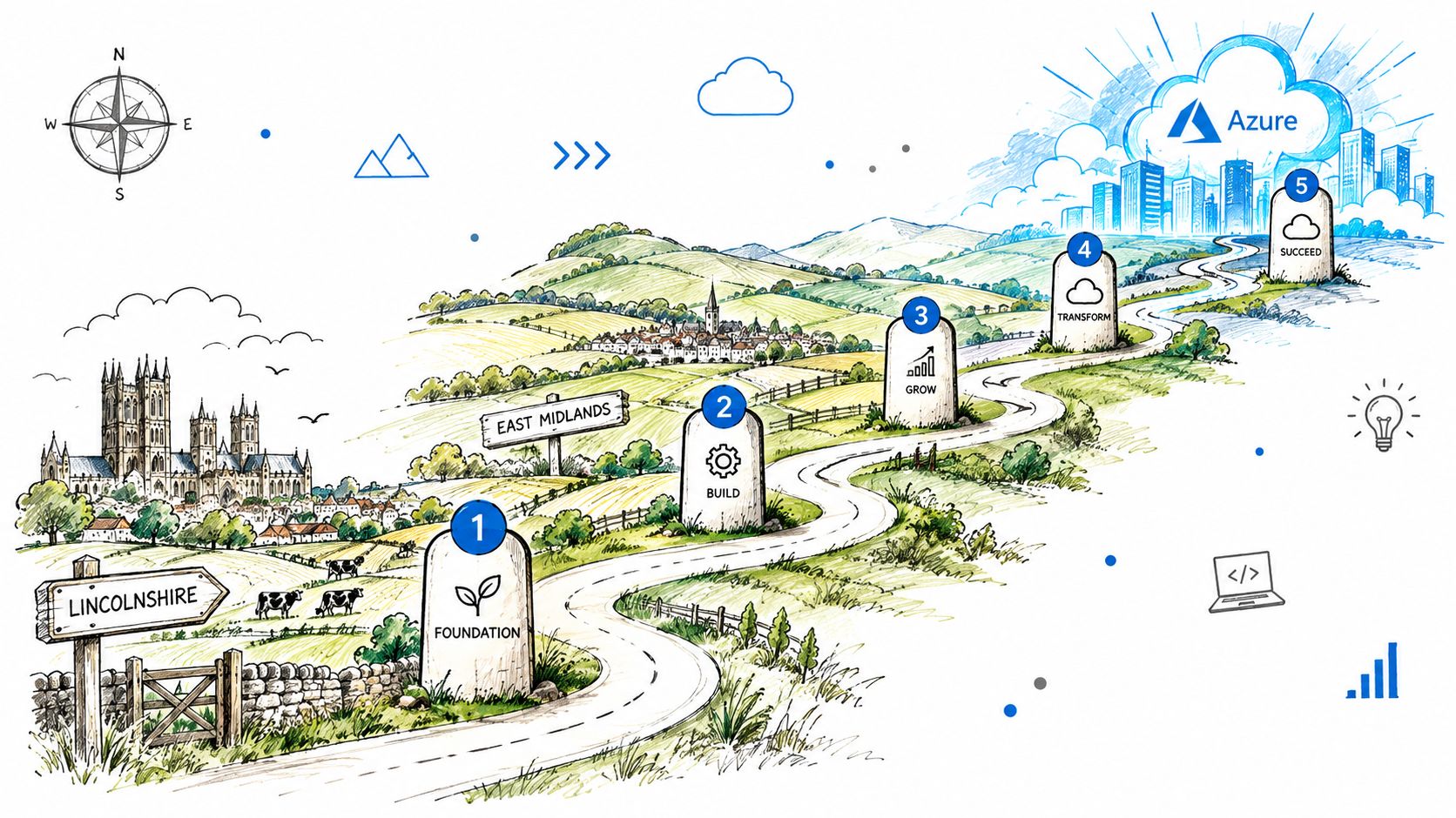 A scenic path winding through countryside leading to a modern city representing an Azure migration business journey.