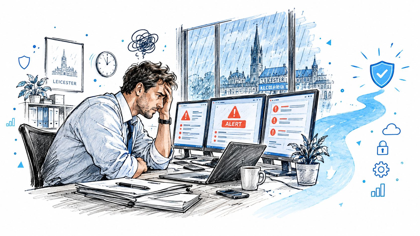 A stressed man working in an office with multiple monitors displaying red security alert warning icons.