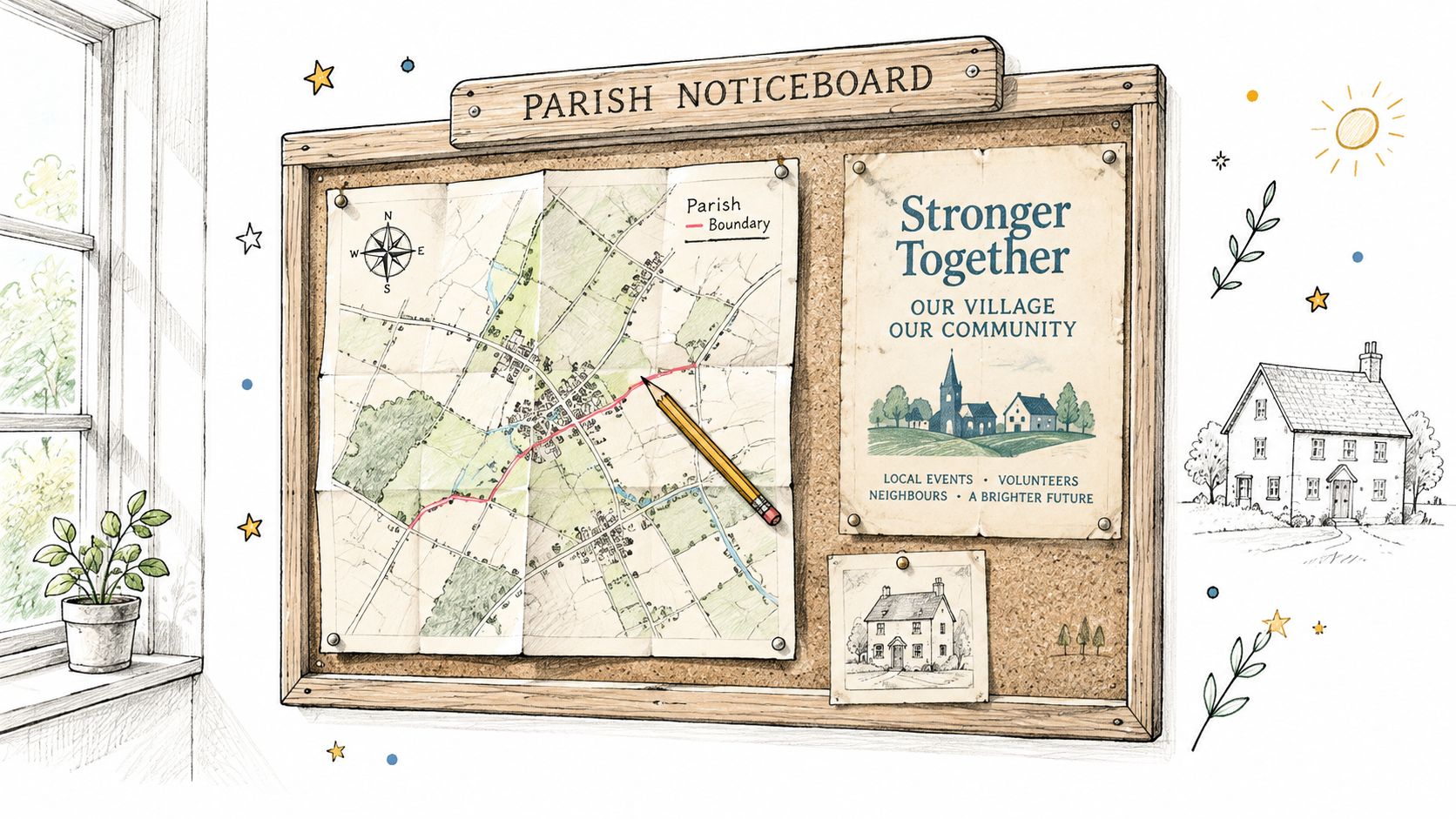 A wooden noticeboard displaying a village map with a boundary line, a community poster, and house drawings.