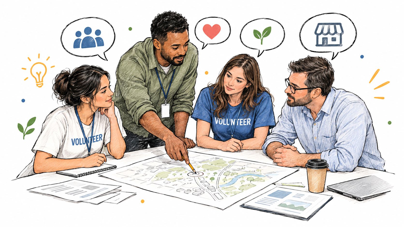 A diverse group of volunteers collaborates around a table while reviewing a detailed community map.