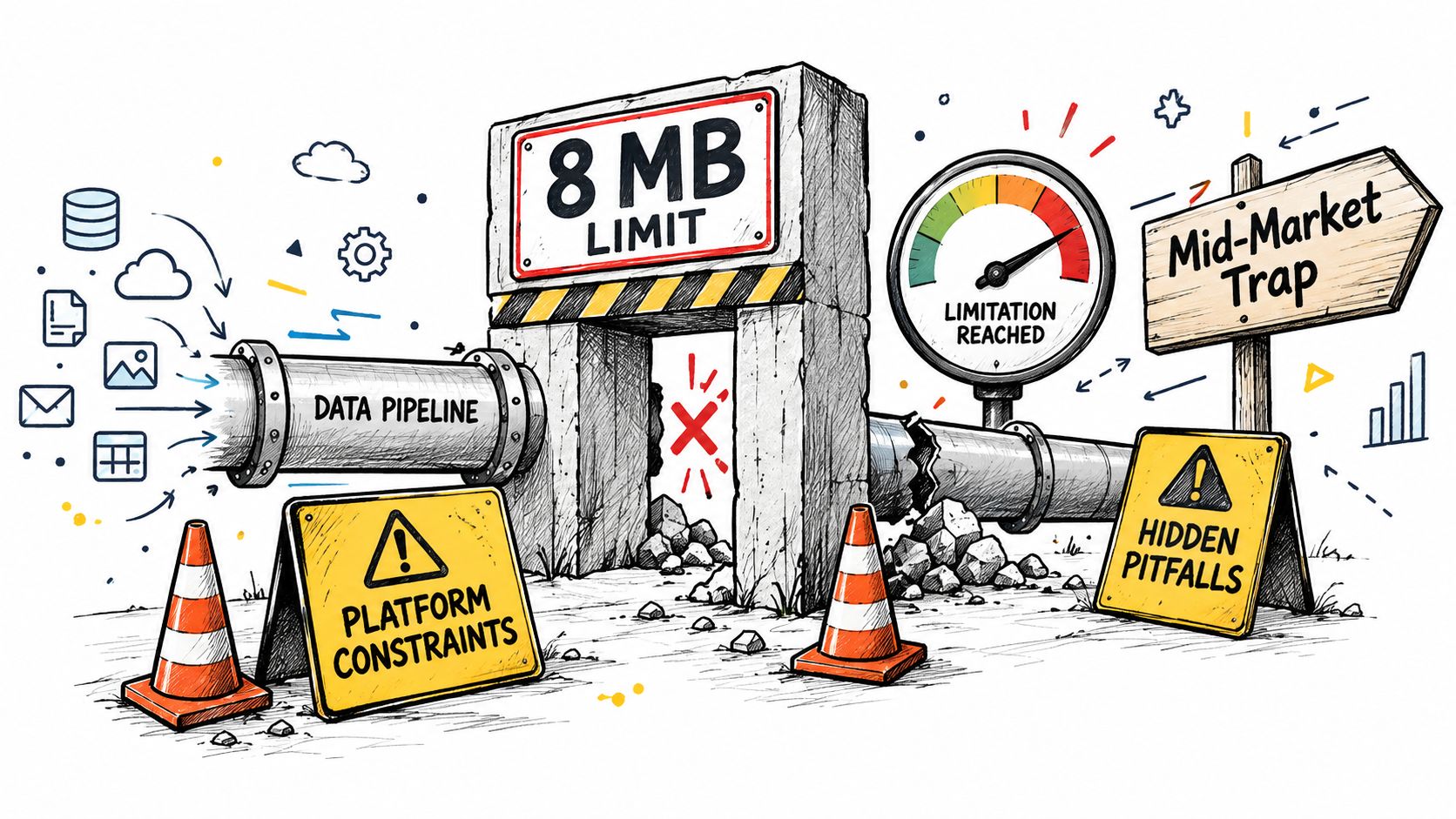 A hand-drawn illustration depicting a data pipeline blocked by an 8MB limit, labeled as a mid-market trap.