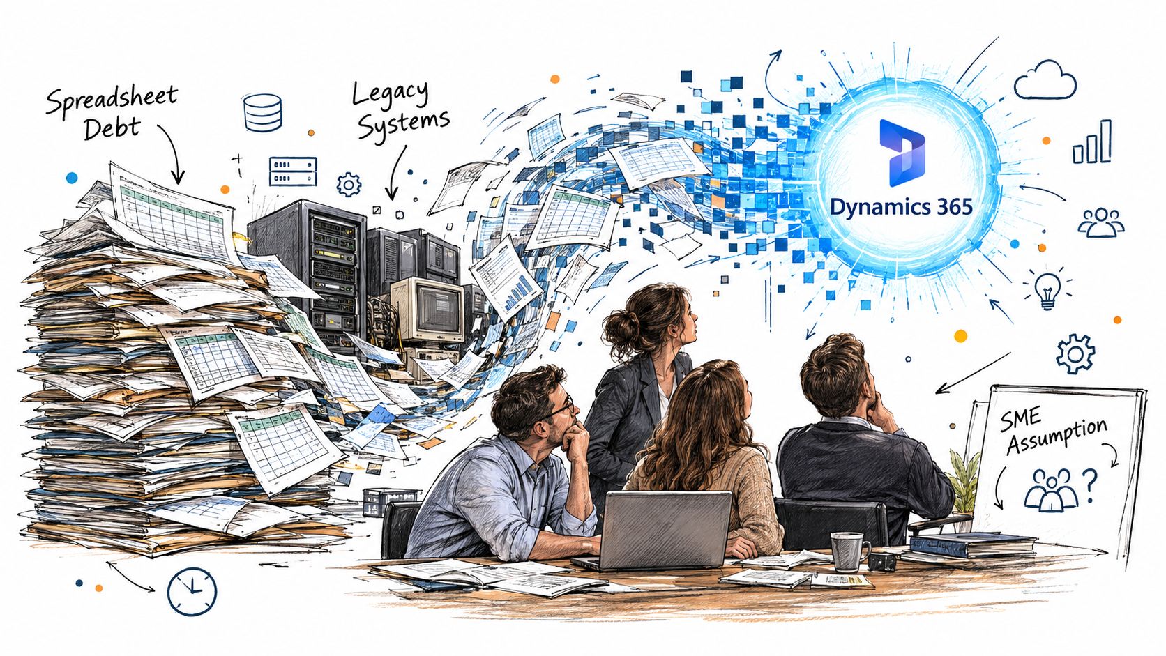 A team of professionals planning digital transformation from legacy systems and spreadsheet debt to Dynamics 365.