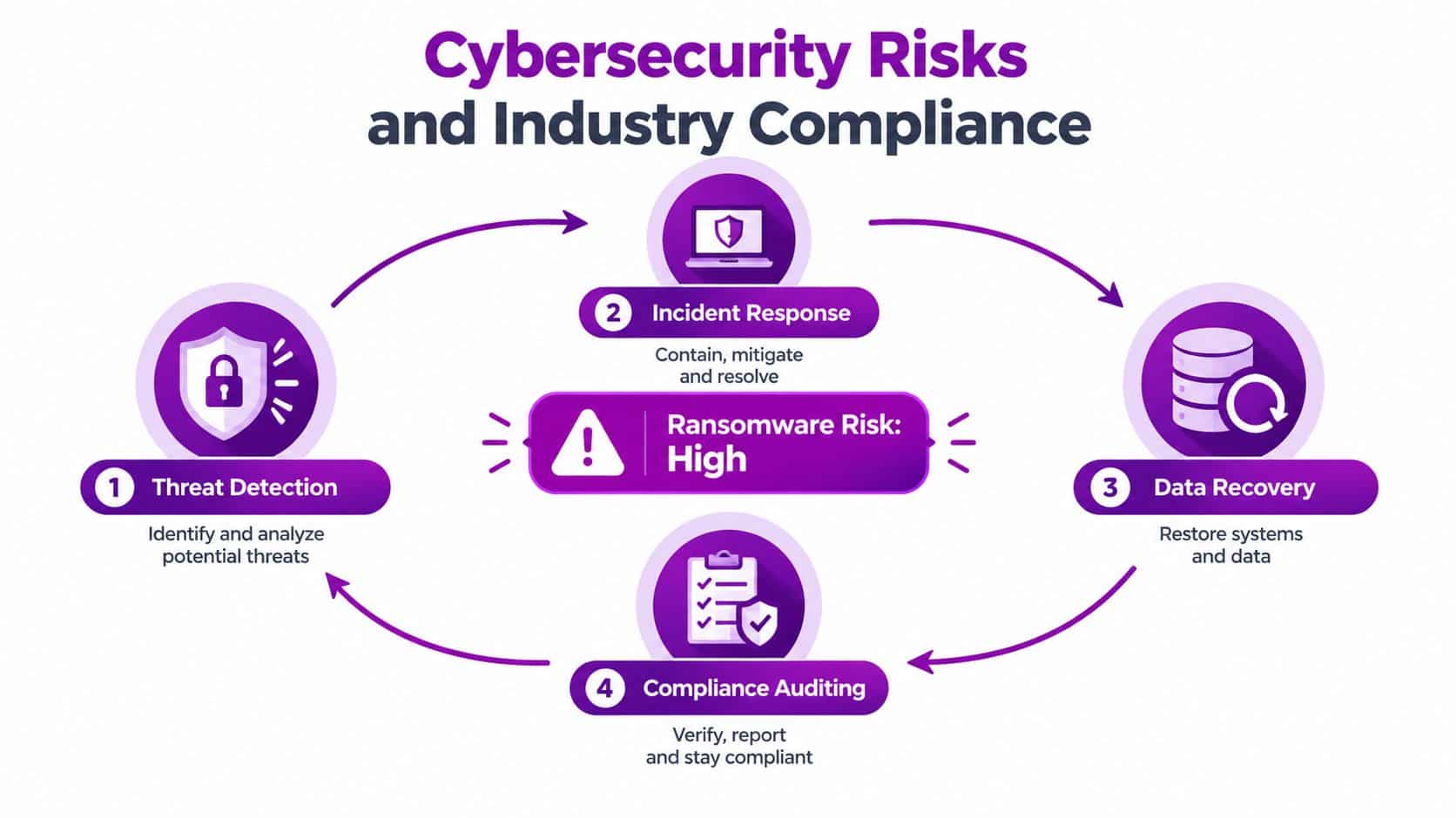A diagram illustrating a four-step cycle for managing cybersecurity risks and maintaining industry compliance in business.