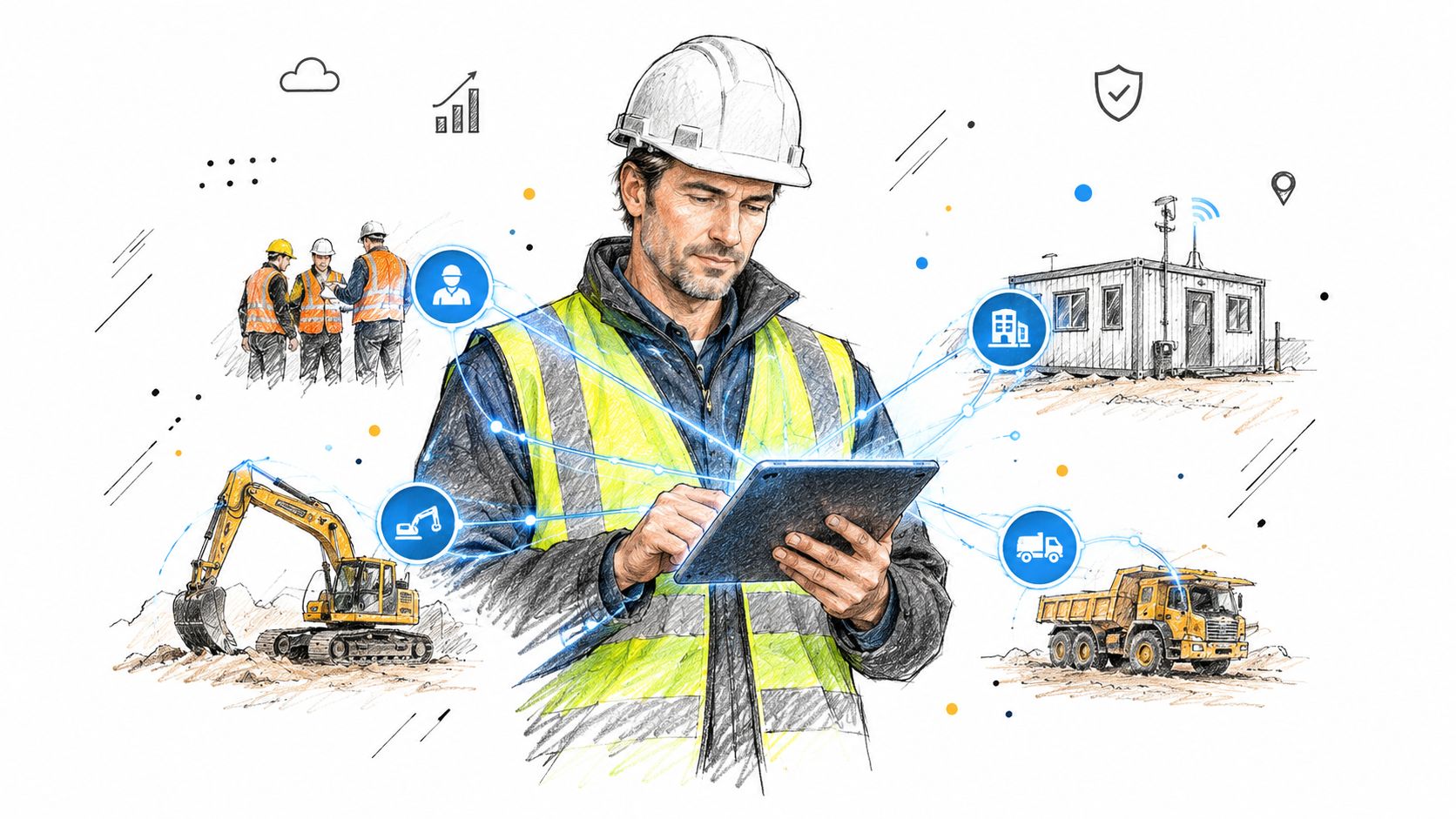 A construction manager using a tablet to monitor job site operations and heavy machinery connectivity via digital icons.