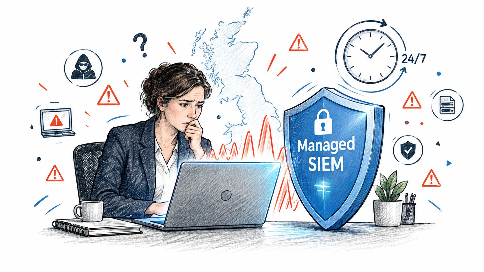 A concerned professional working on a laptop with a digital shield symbol representing Managed SIEM security services.