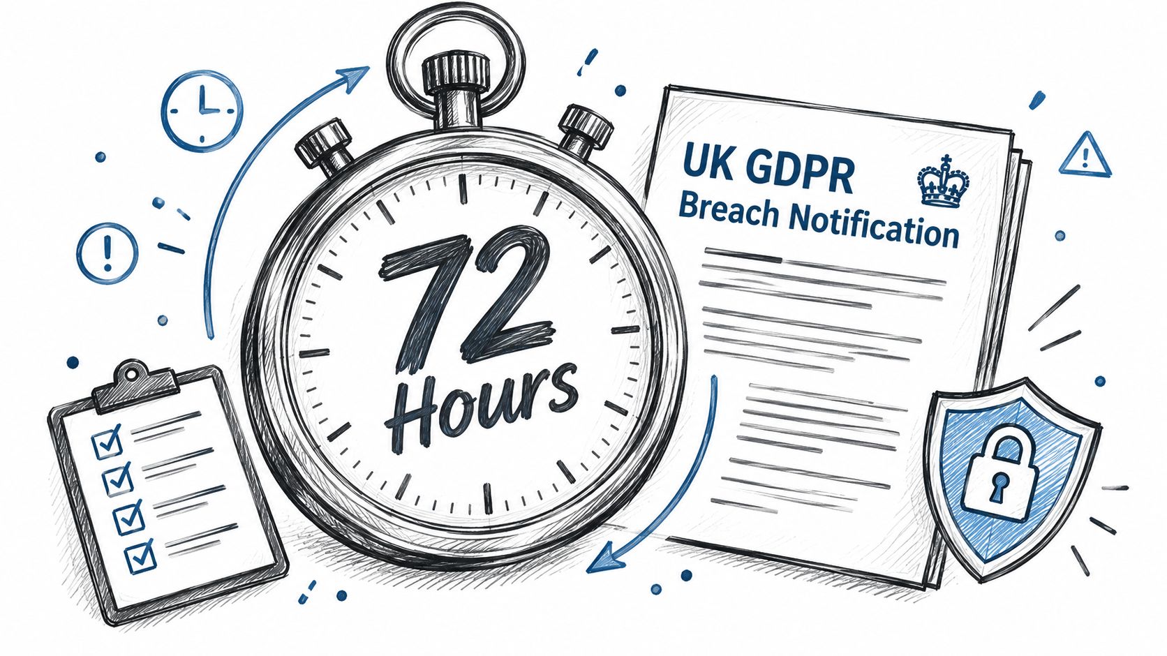 A conceptual illustration showing a stopwatch set to 72 hours alongside a UK GDPR breach notification document.