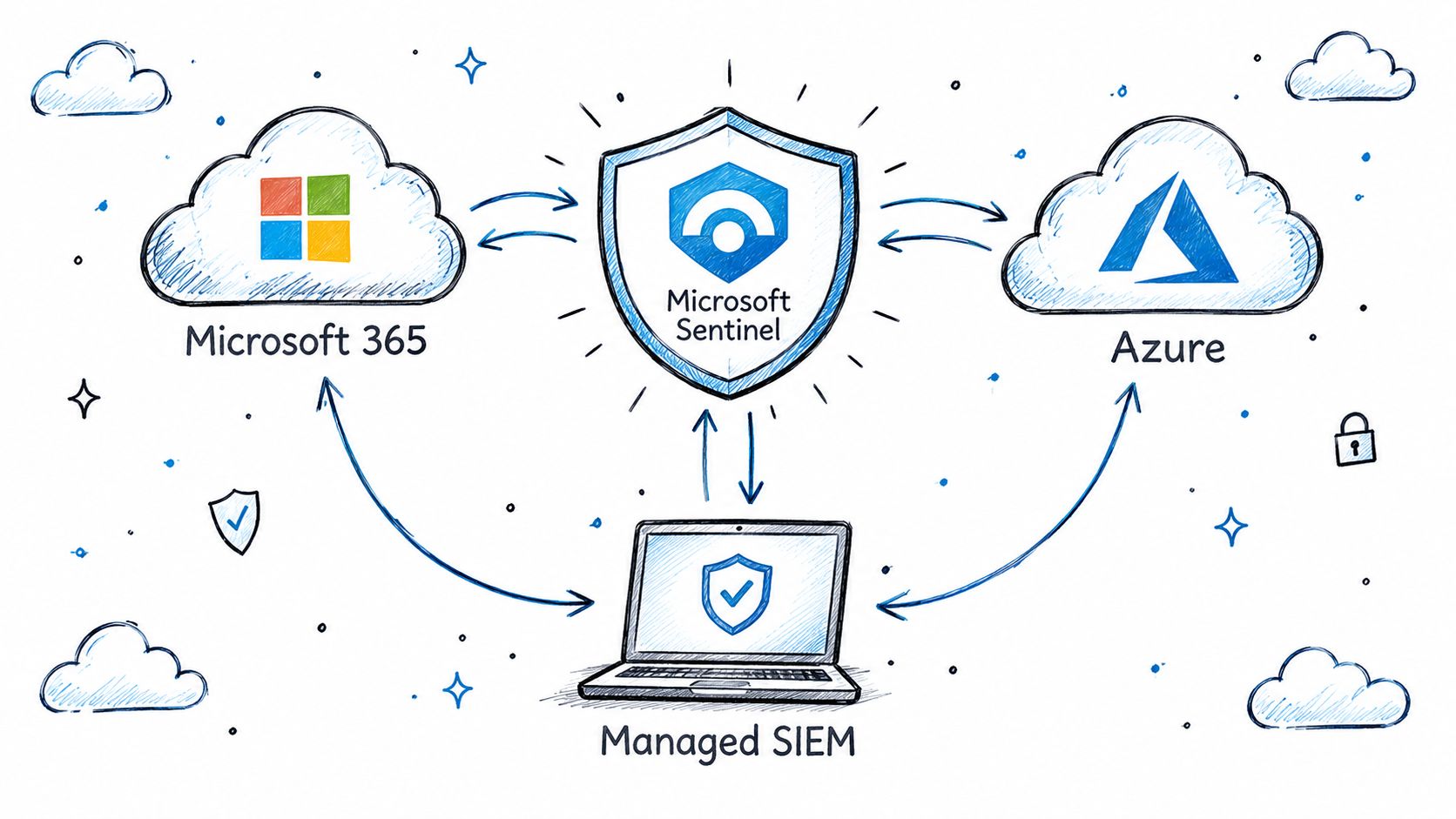 A hand-drawn illustration showing Microsoft Sentinel connected to Microsoft 365, Azure, and a Managed SIEM laptop interface.