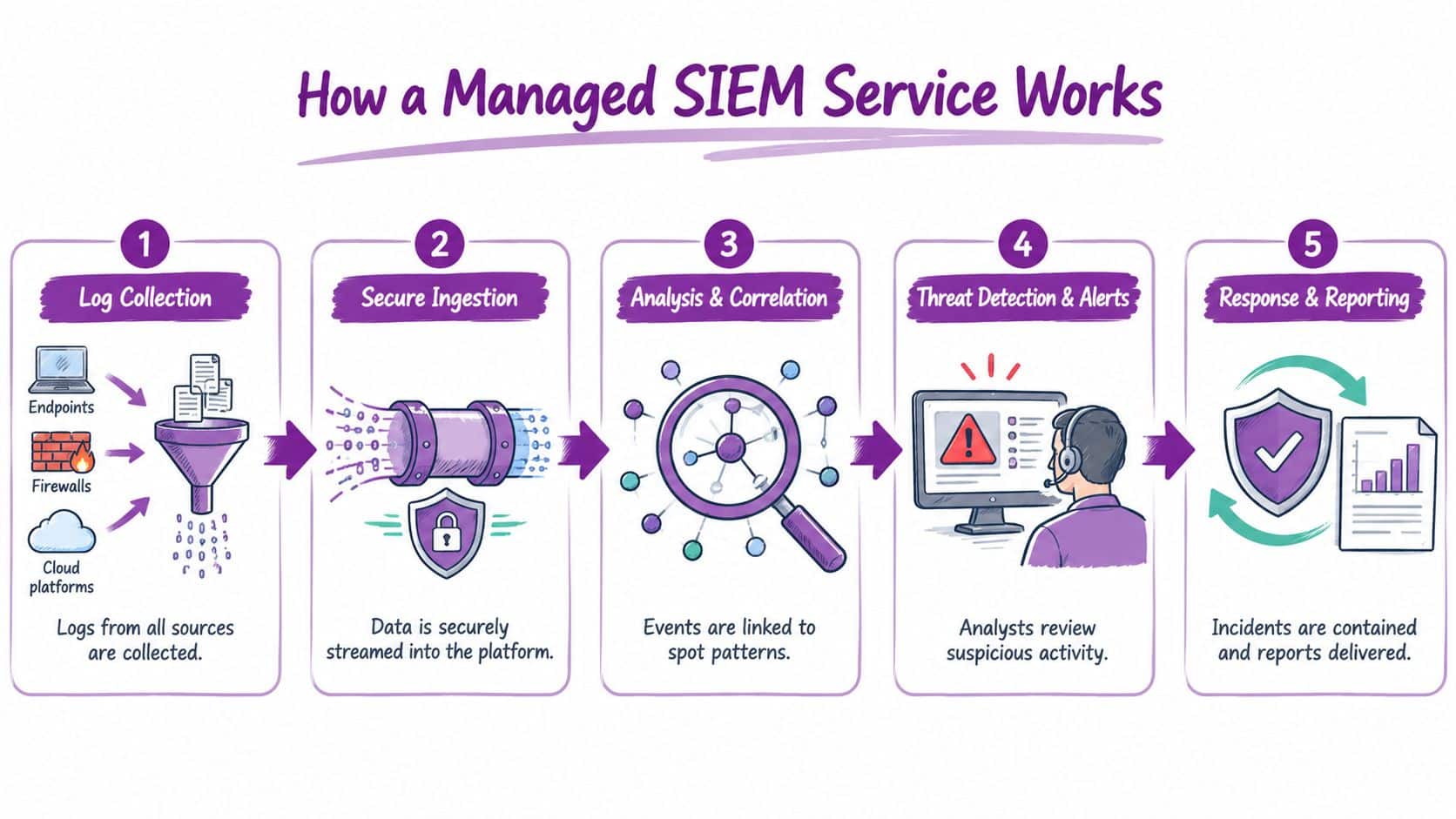 A five-step infographic showing how a managed SIEM service works from log collection to incident response.