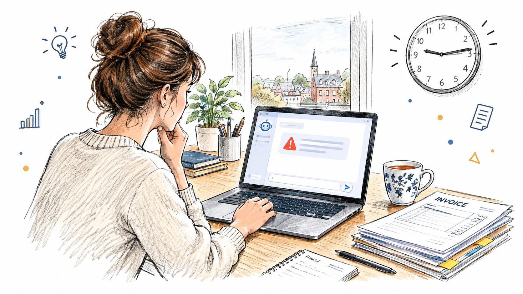 A woman working on her laptop while reviewing invoices and receiving an error notification on screen.