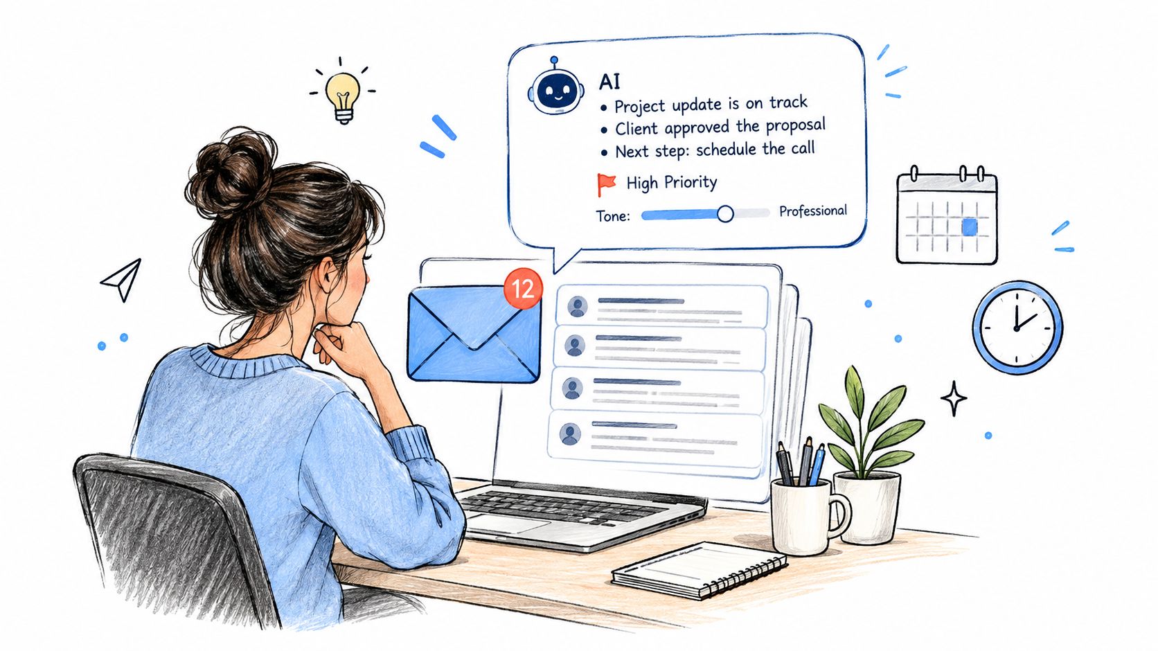 A woman working on a laptop using AI assistant tools to manage emails and schedule tasks.