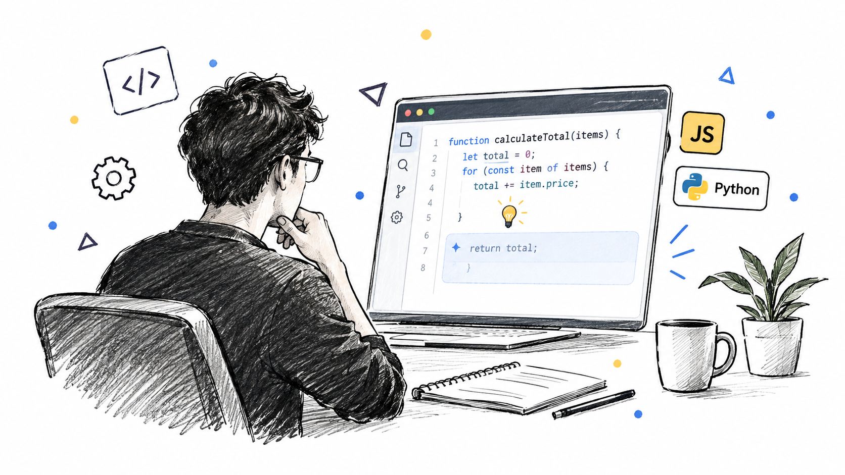 A digital illustration of a student looking at a laptop screen displaying code with AI assistant suggestions.