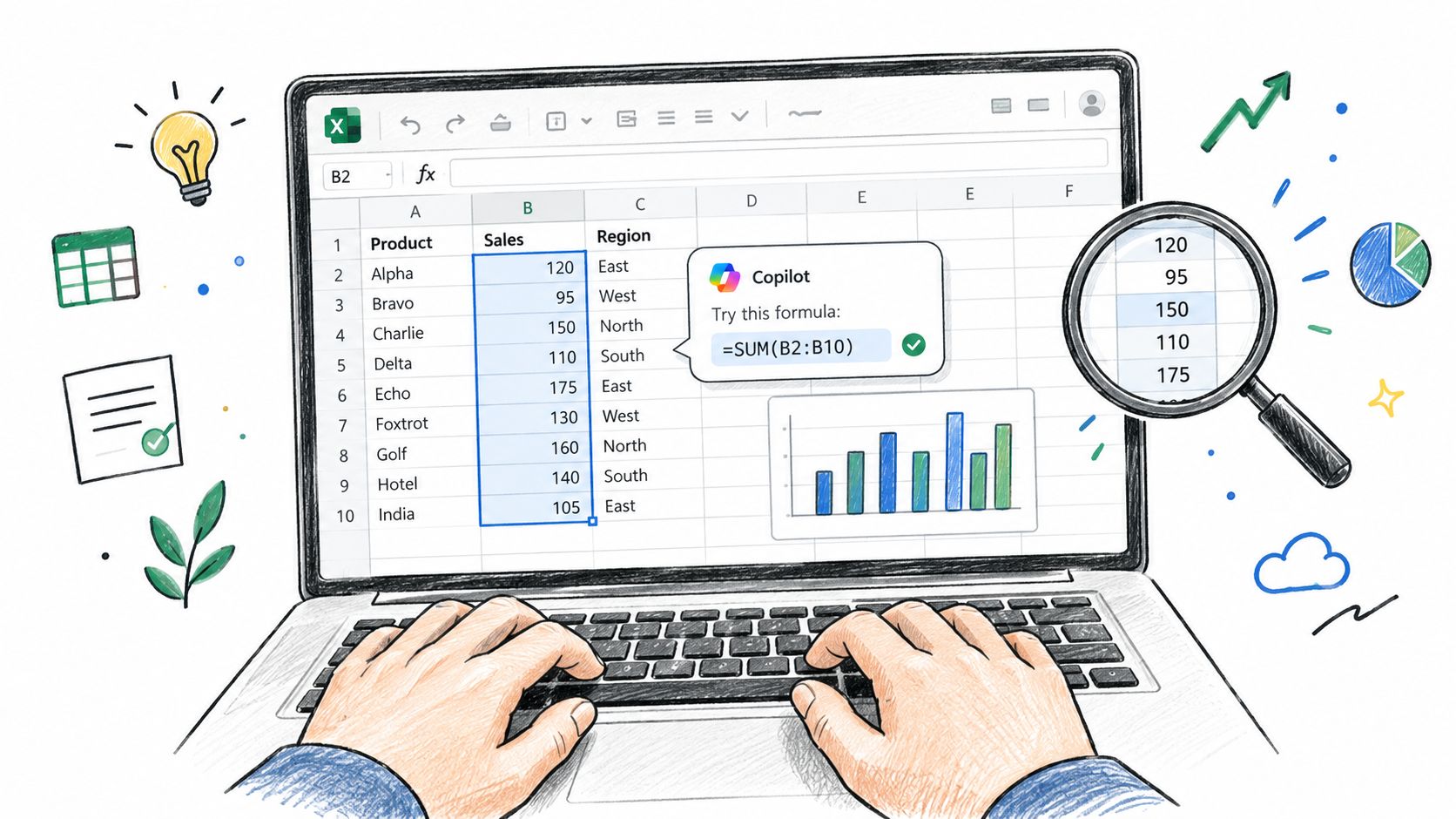 A hand-drawn illustration showing a person typing on a laptop with Microsoft Copilot suggestions for spreadsheet analysis.