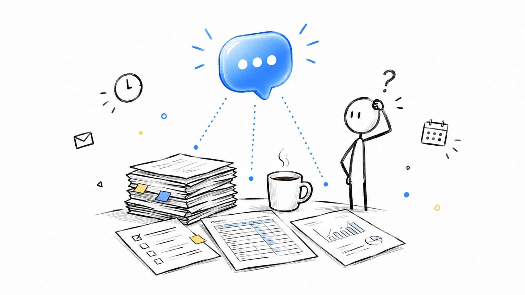 A stick figure looks confused at a large stack of paperwork and documents on a desk.